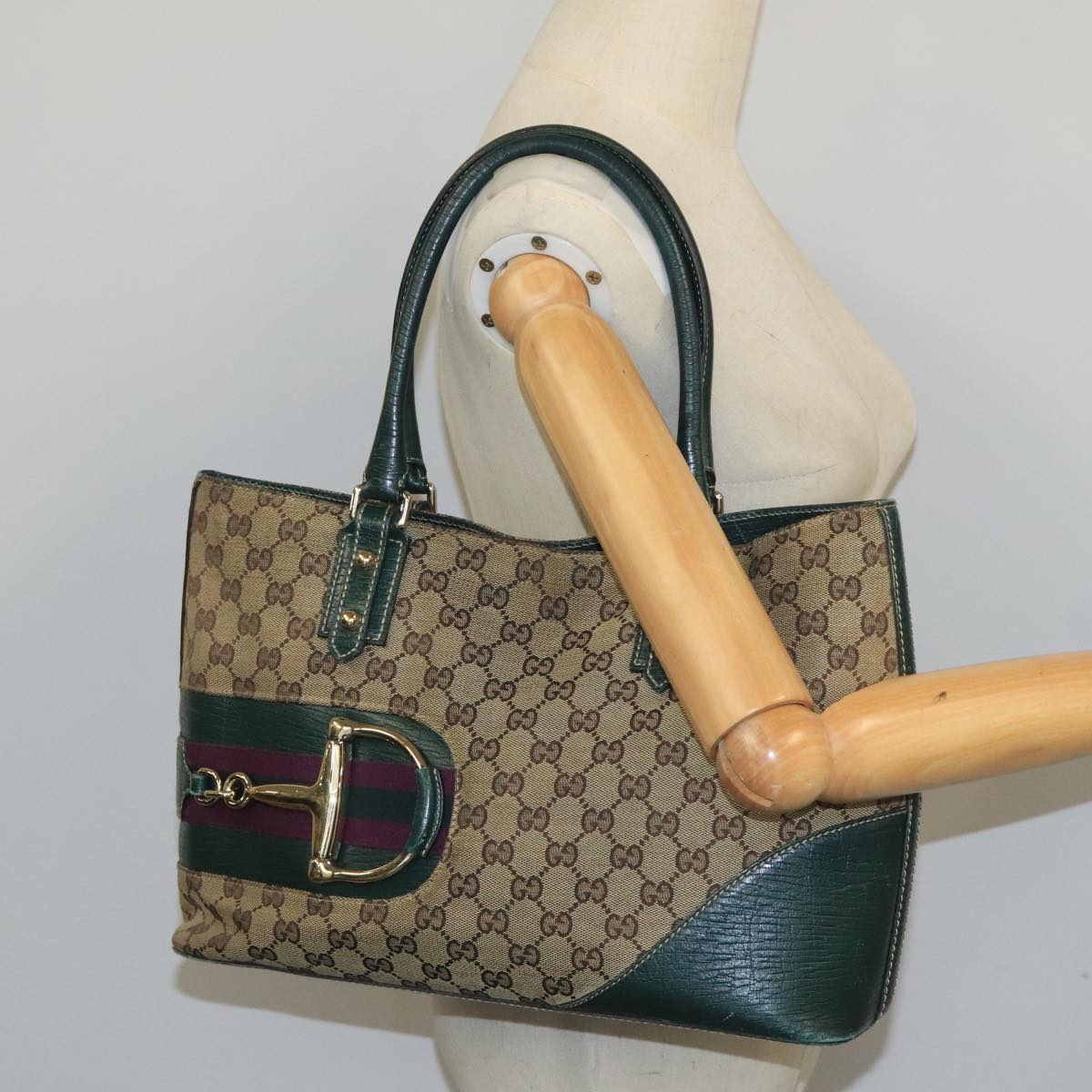 GUCCI GG Canvas Sherry Line Hand Bag Beige Green Auth 99917