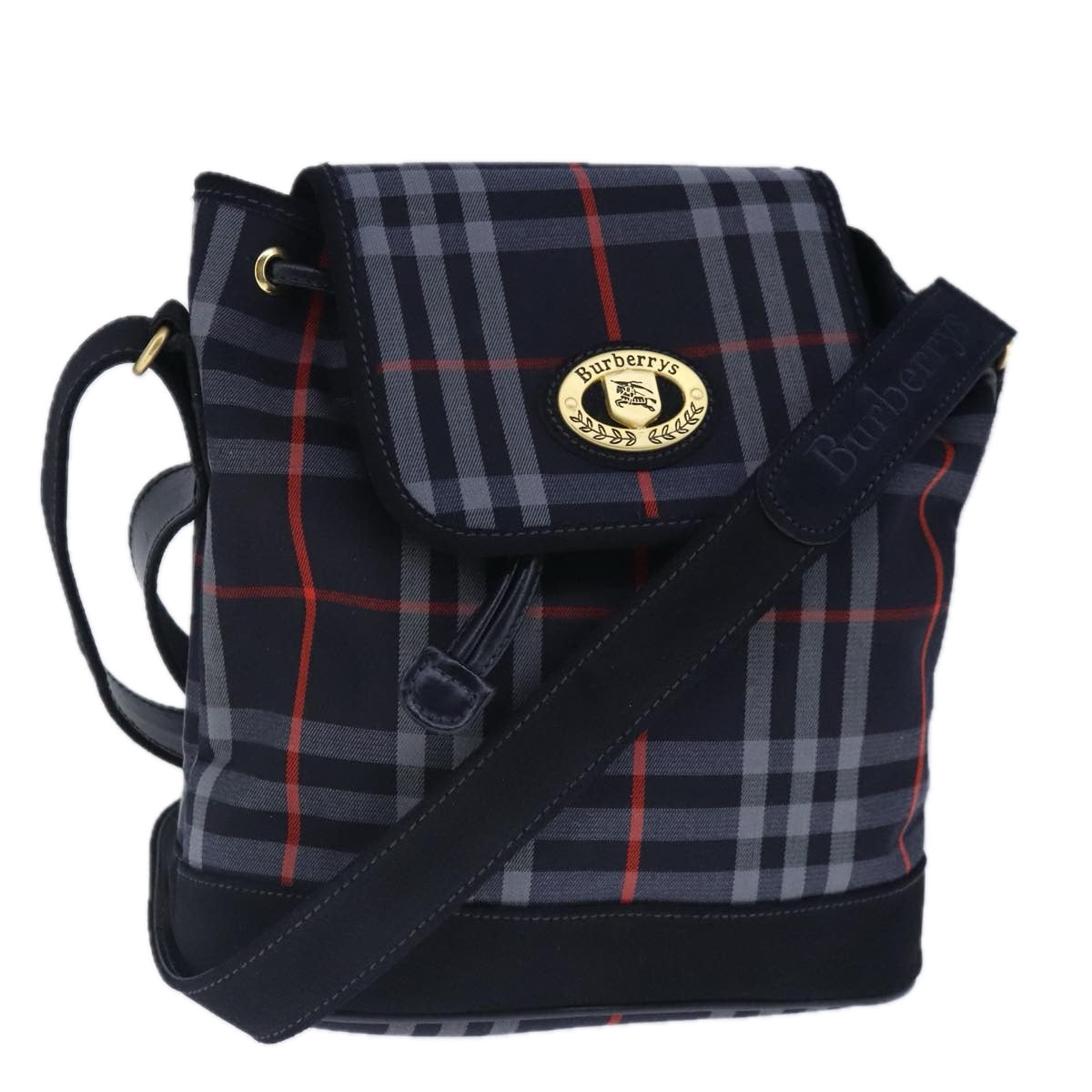 Burberrys Nova Check Shoulder Bag Canvas Navy Gold Auth 99926