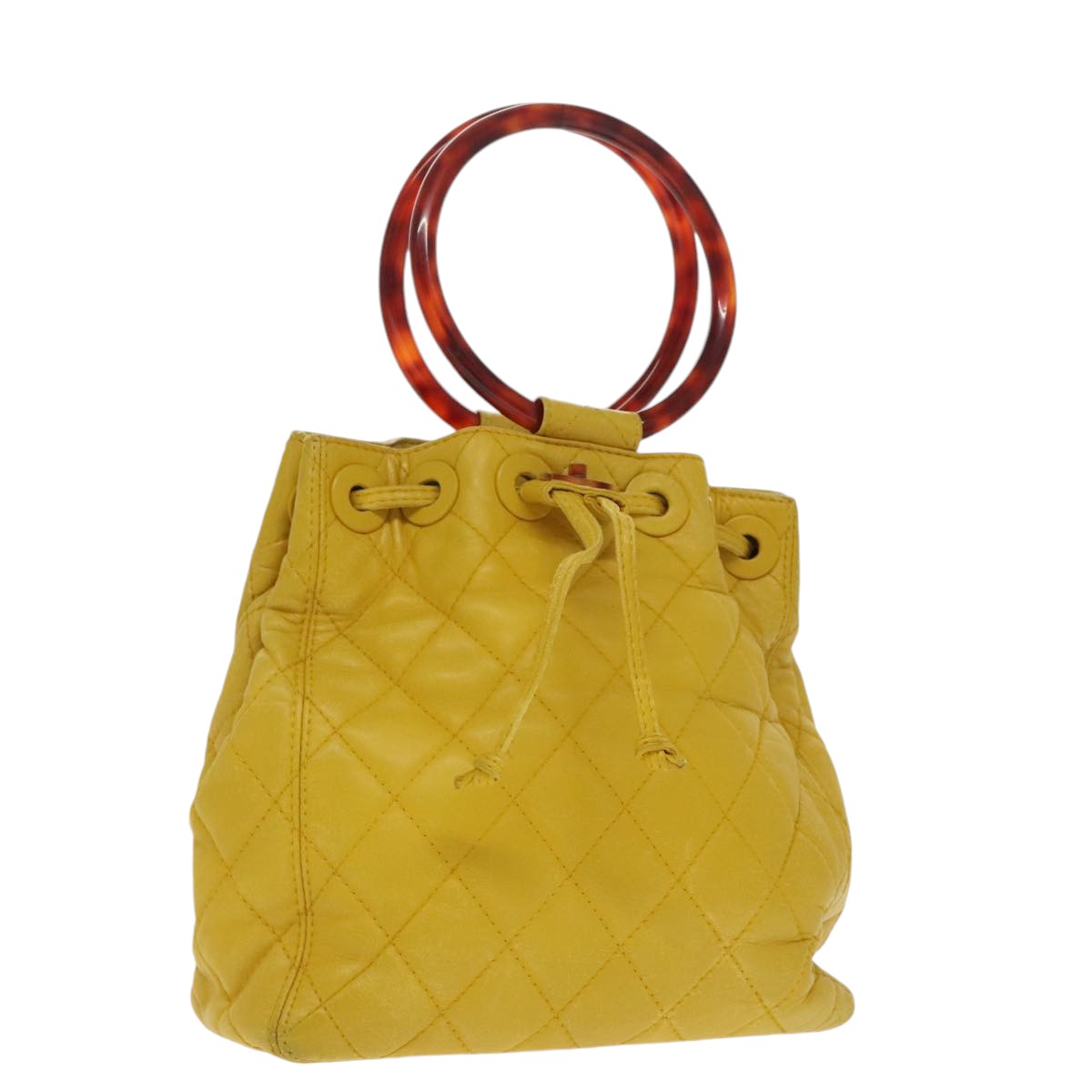 CHANEL Matelasse Hand Bag Lamb Skin Yellow CC Auth 99932