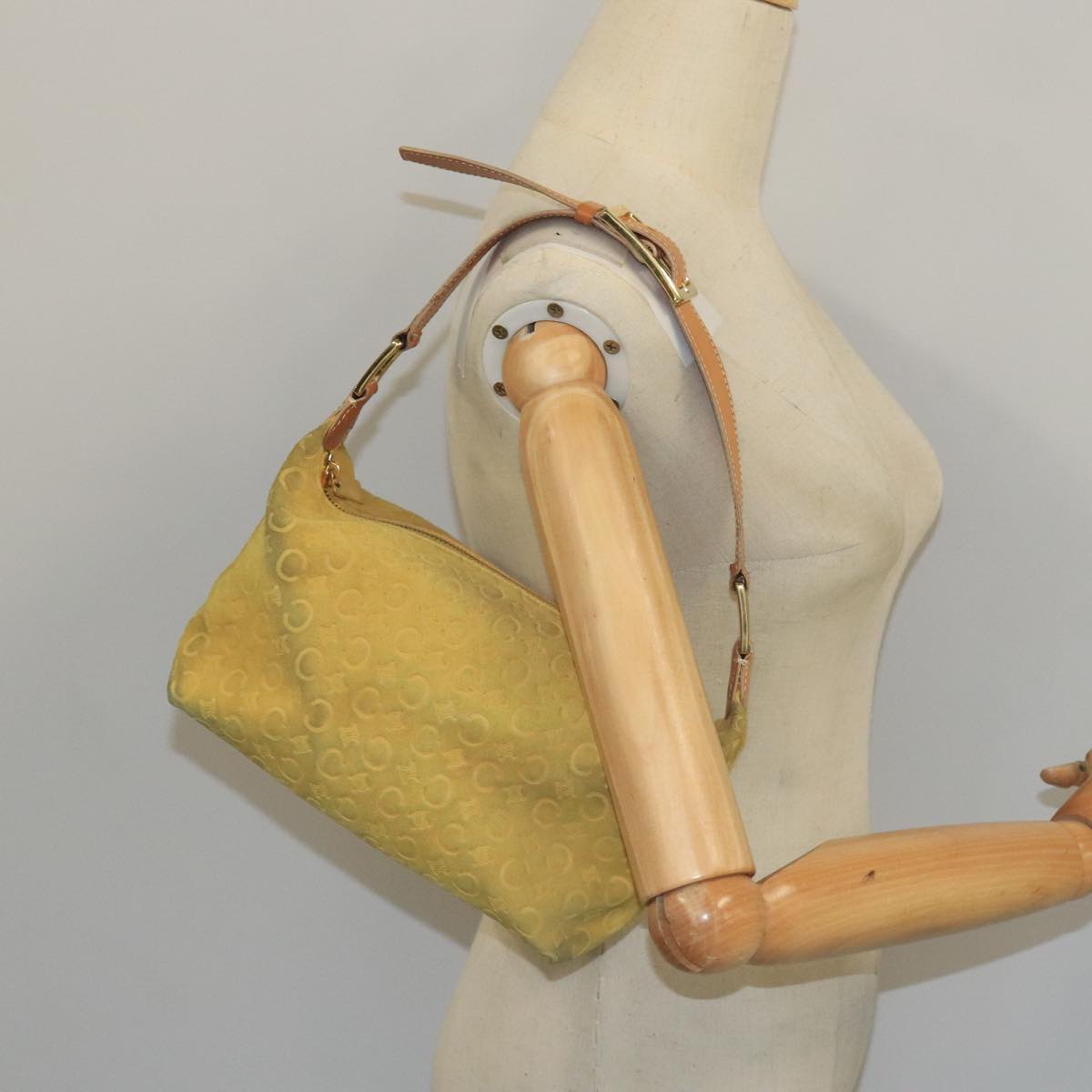 CELINE C Macadam Canvas Hand Bag Suede Yellow Auth 99951