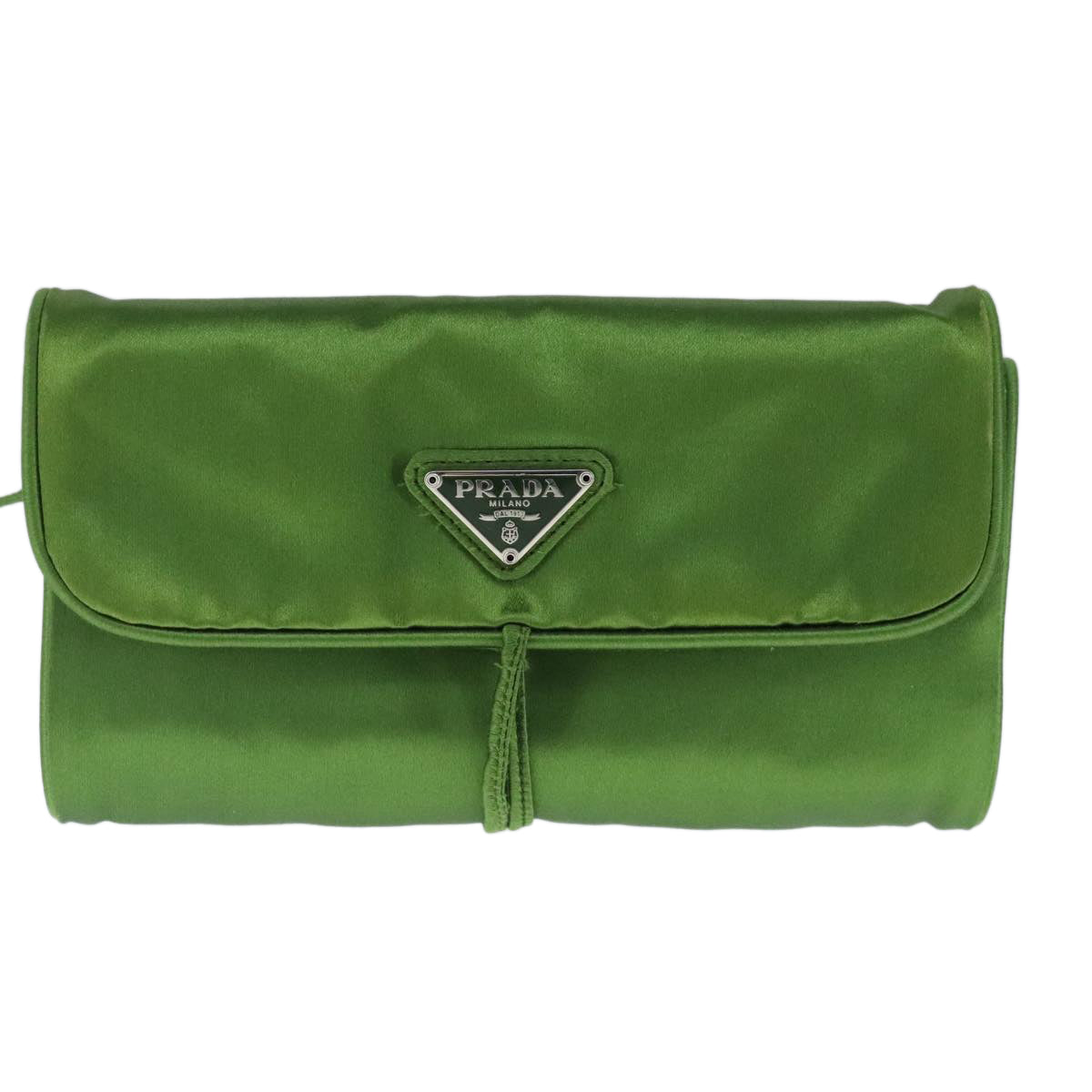 PRADA Jewelry Case Cosmetic Pouch Satin Green Auth 99952