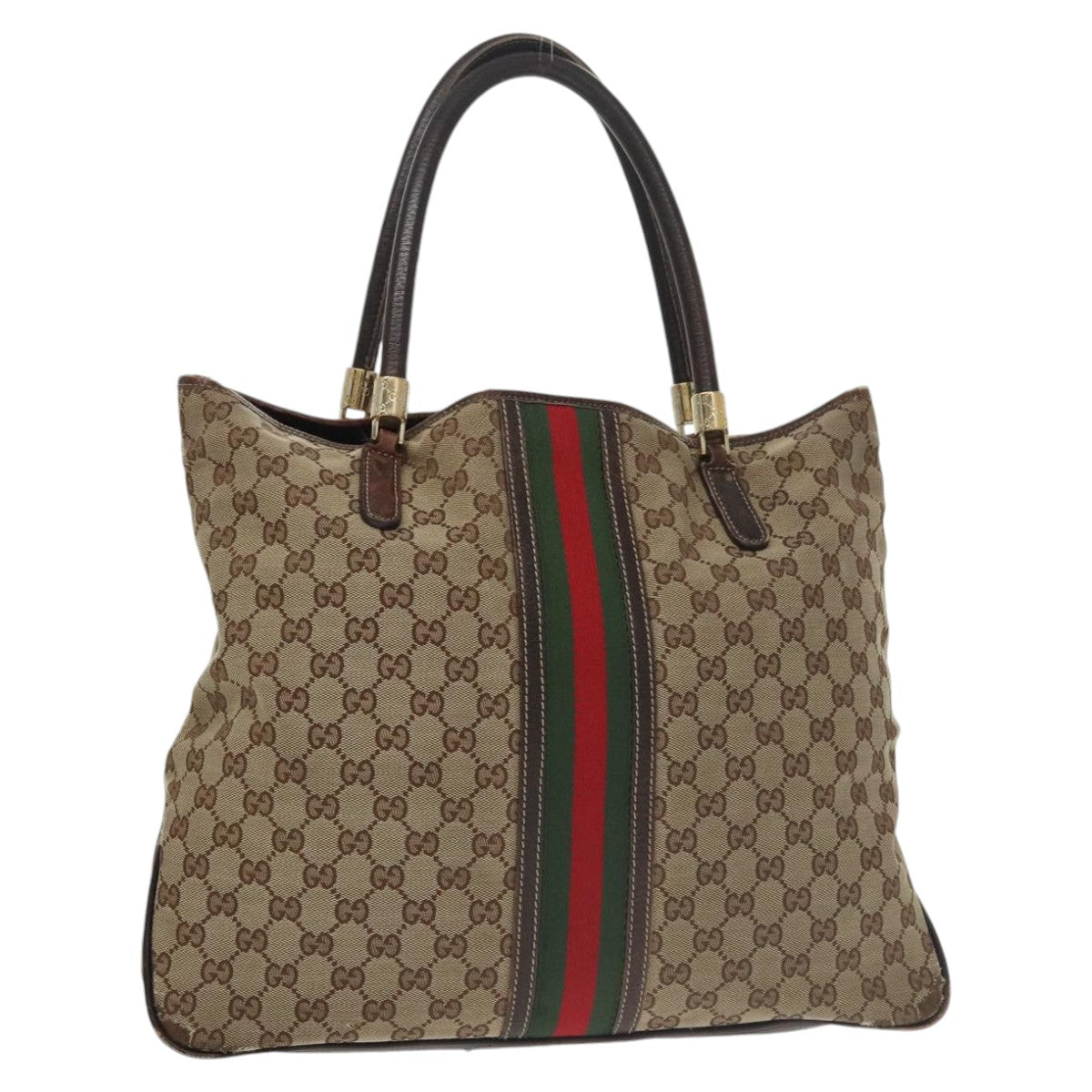 GUCCI GG Canvas Web Sherry Line Tote Bag Beige Green Red Auth 99964