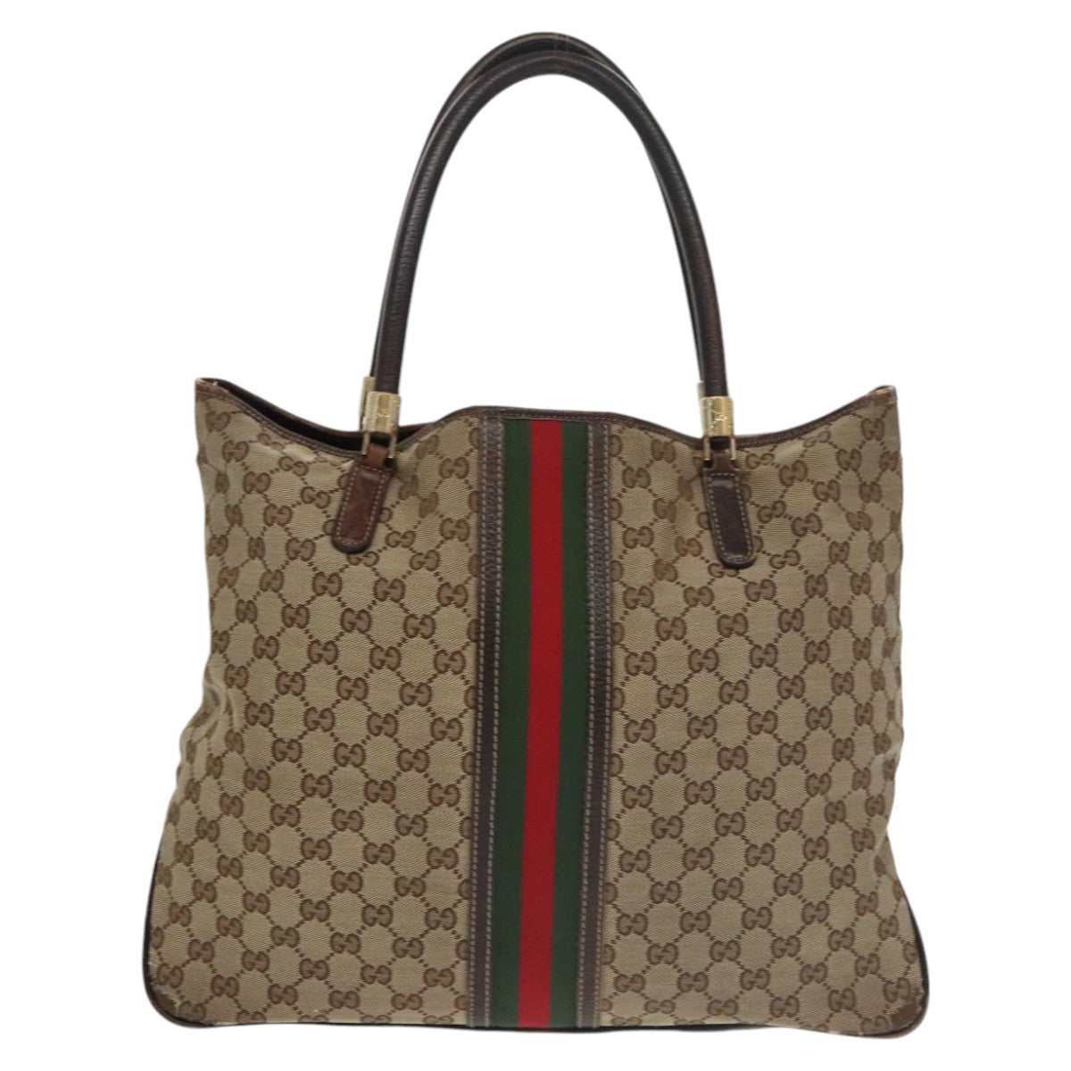 GUCCI GG Canvas Web Sherry Line Tote Bag Beige Green Red Auth 99964