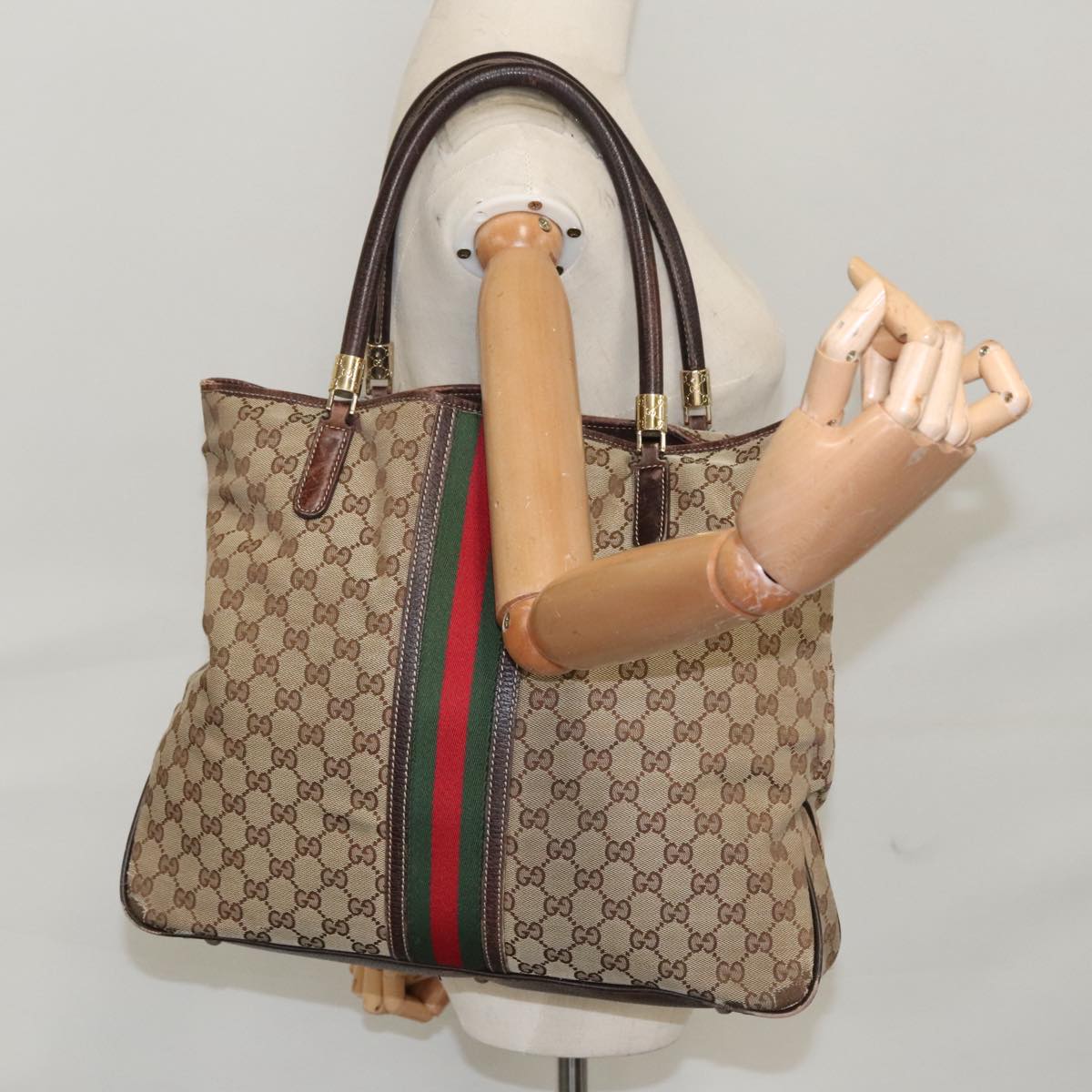 GUCCI GG Canvas Web Sherry Line Tote Bag Beige Green Red Auth 99964