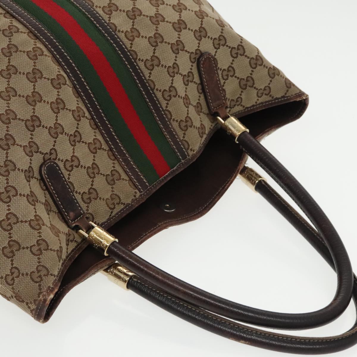 GUCCI GG Canvas Web Sherry Line Tote Bag Beige Green Red Auth 99964