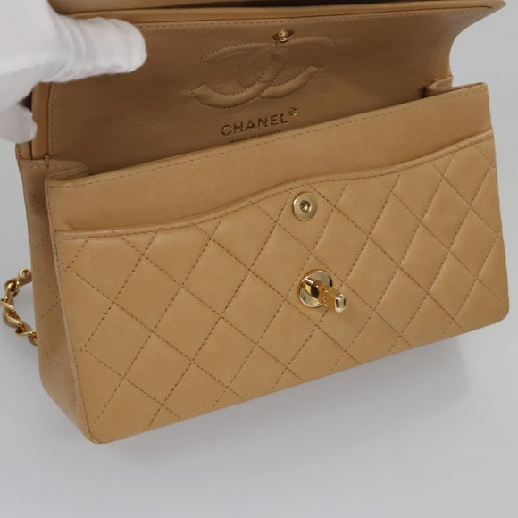 CHANEL Matelasse 25 Chain Shoulder Bag Lamb Skin Beige Gold CC Auth 99970SAV