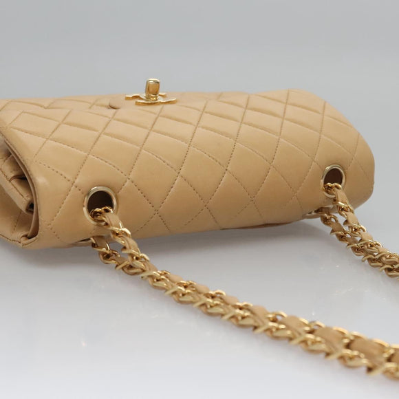 CHANEL Matelasse 25 Chain Shoulder Bag Lamb Skin Beige Gold CC Auth 99970SAV