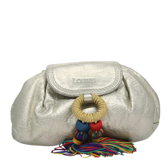 LOEWE Fringe Shoulder Bag Leather Silver tone Auth 99979