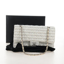 CHANEL Matelasse 25 Double Flap Chain Bag Tweed White Silver Auth BA16596SM-31