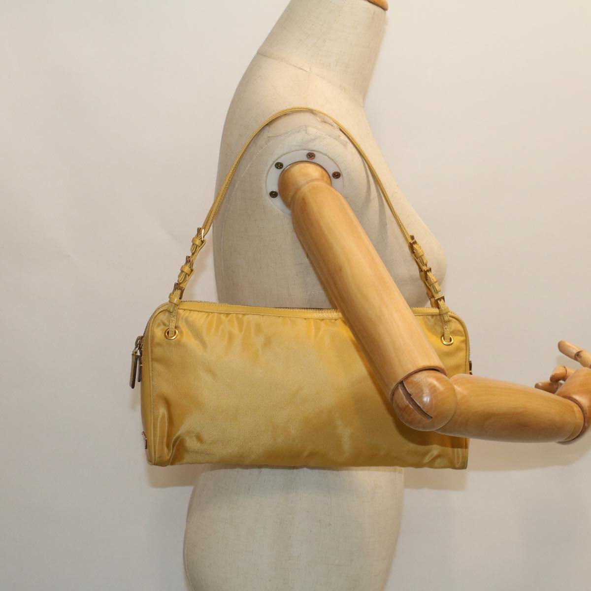 PRADA Shoulder Bag Nylon Leather Yellow Auth ac2164