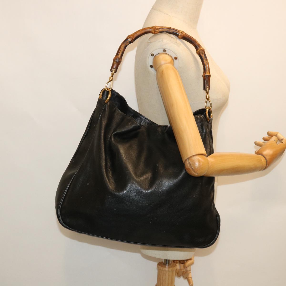 GUCCI Bamboo Shoulder Bag Leather 2way Black 001 3754 1577 Auth ac2180