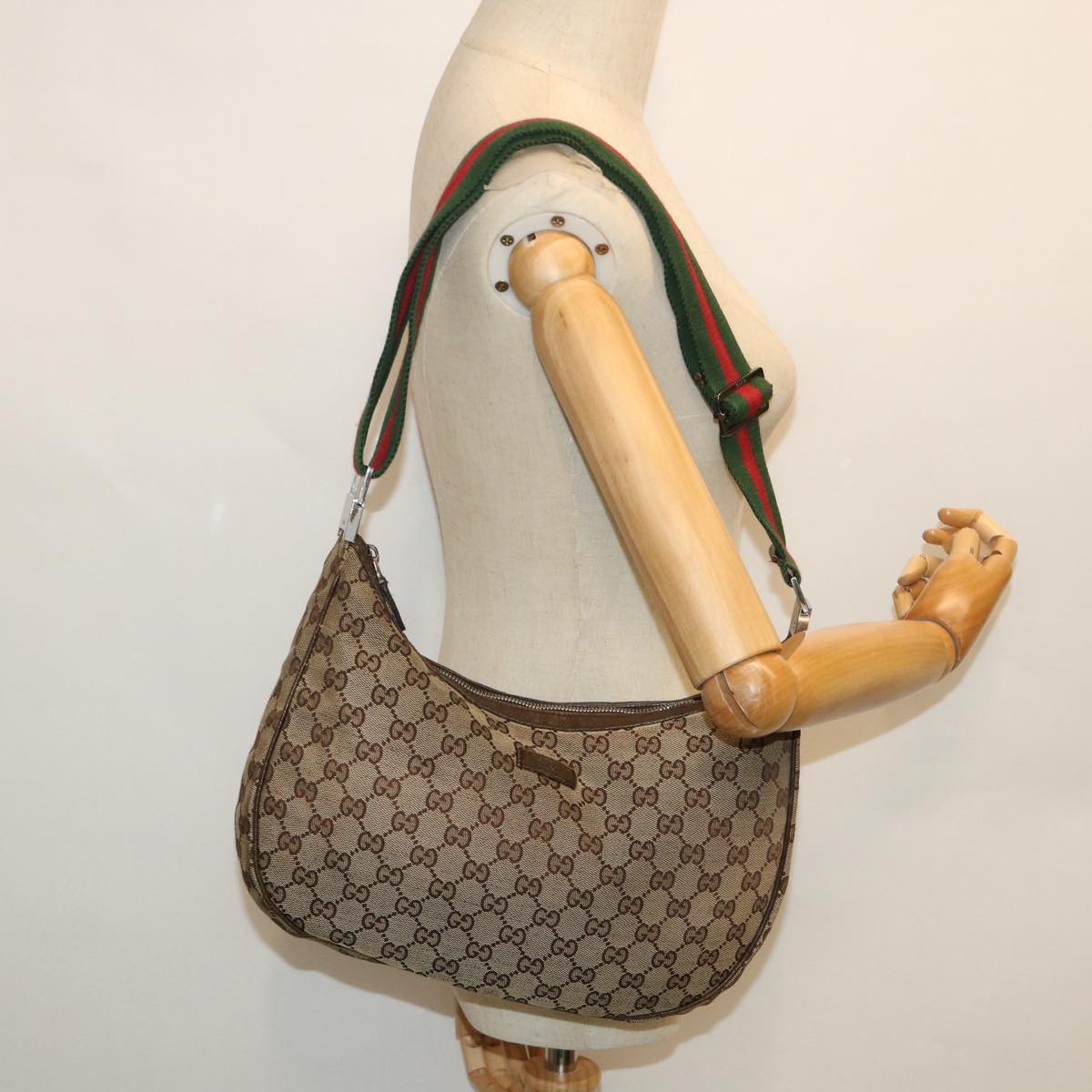 GUCCI GG Canvas Web Sherry Line Shoulder Bag Beige Red Green 122790 Auth ac2189