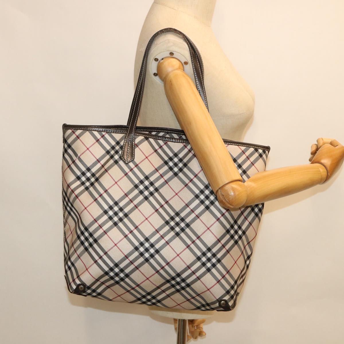 BURBERRY Nova Check Blue Label Tote Bag Nylon Leather Beige Brown Auth ac2236