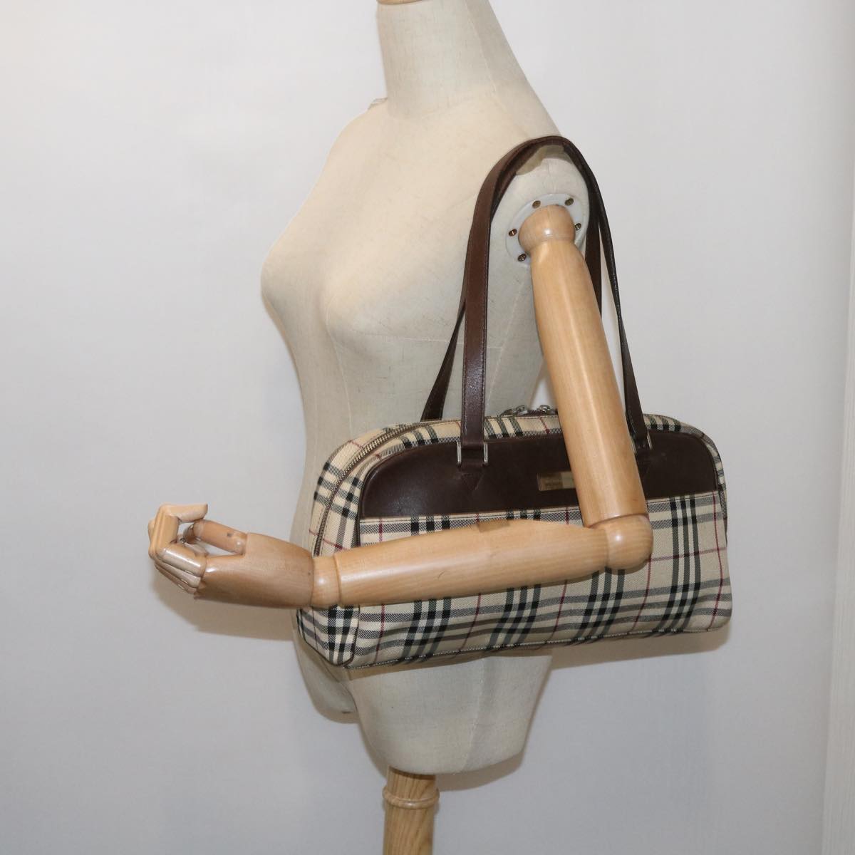 BURBERRY Nova Check Hand Bag Nylon Beige Brown Auth ac2695