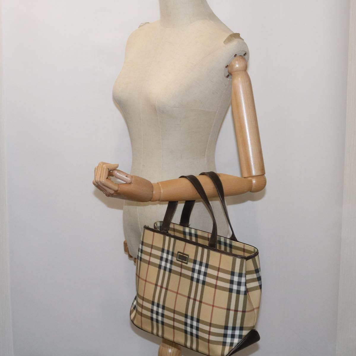 BURBERRY Nova Check Hand Bag PVC Beige Brown Auth ac2705