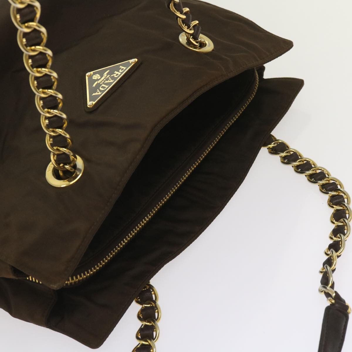 PRADA Chain Shoulder Bag Nylon Brown Auth ac2743