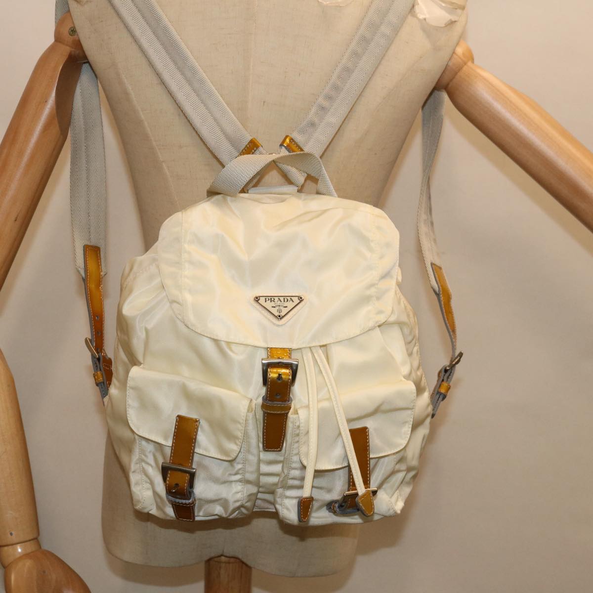 PRADA Backpack Nylon Cream Auth ac2779