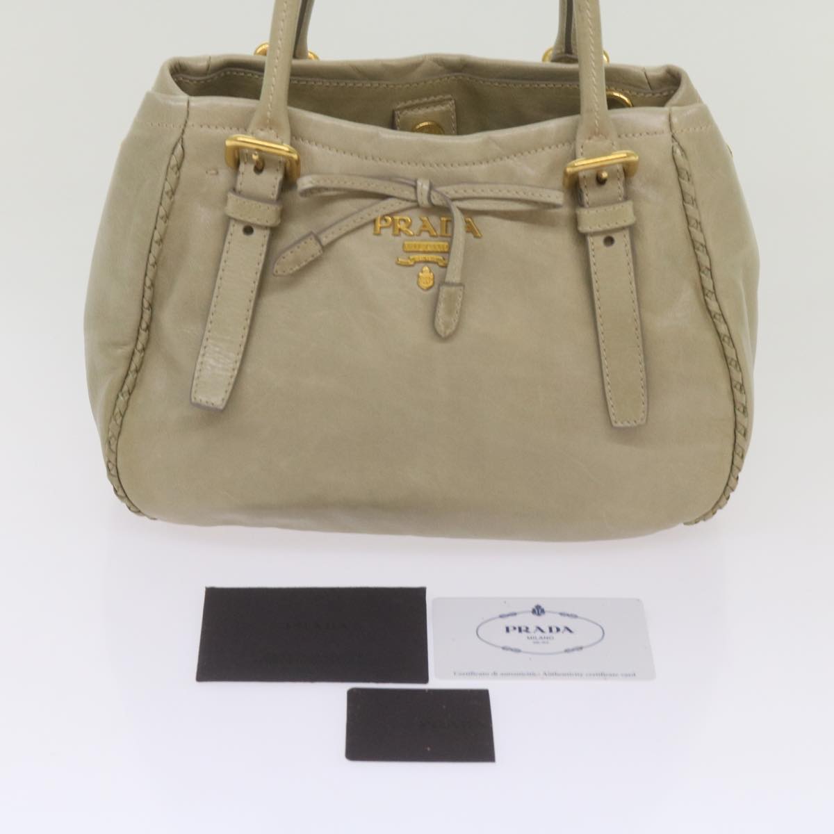 PRADA Hand Bag Leather Beige Auth ac2810