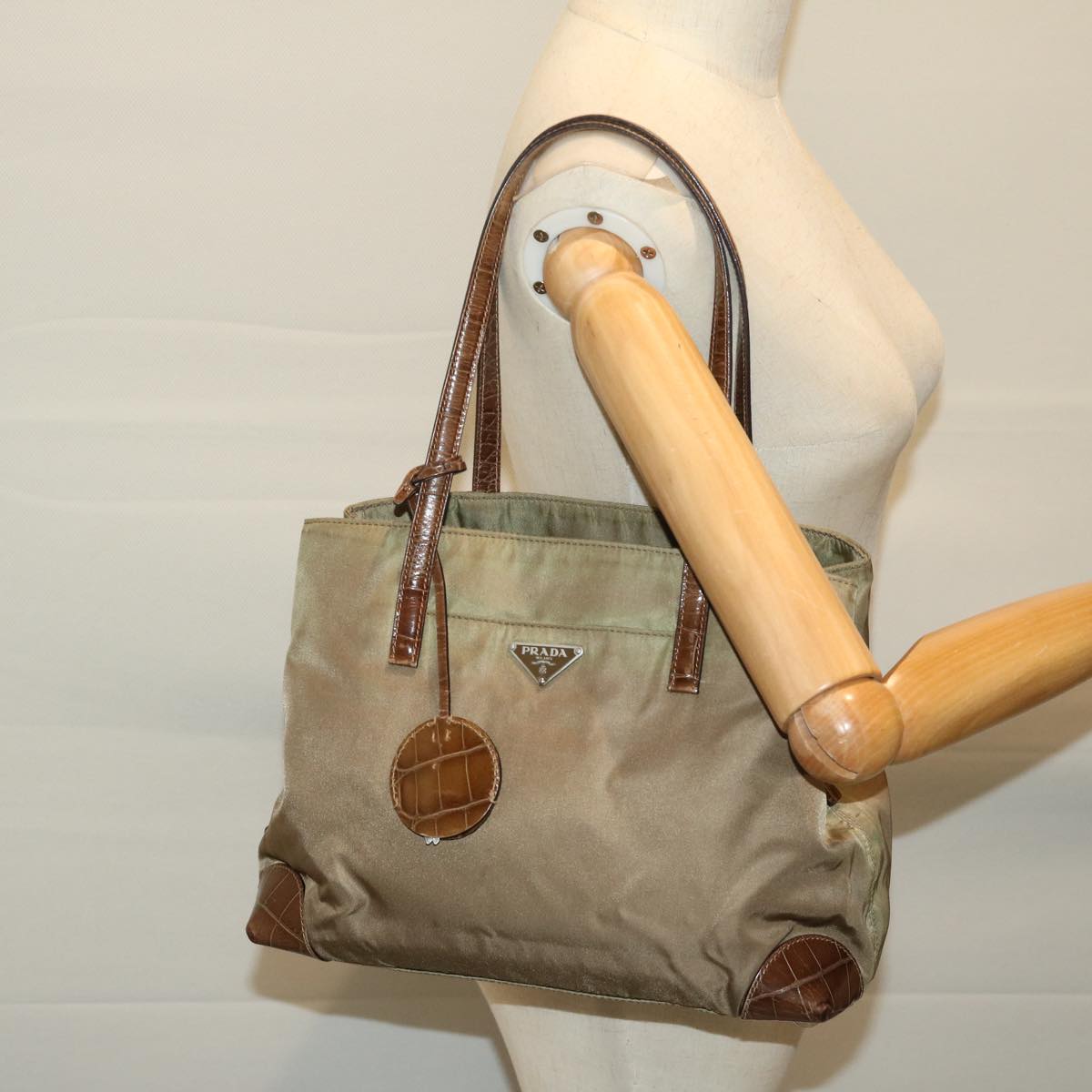 PRADA Hand Bag Nylon Khaki Auth ac2811