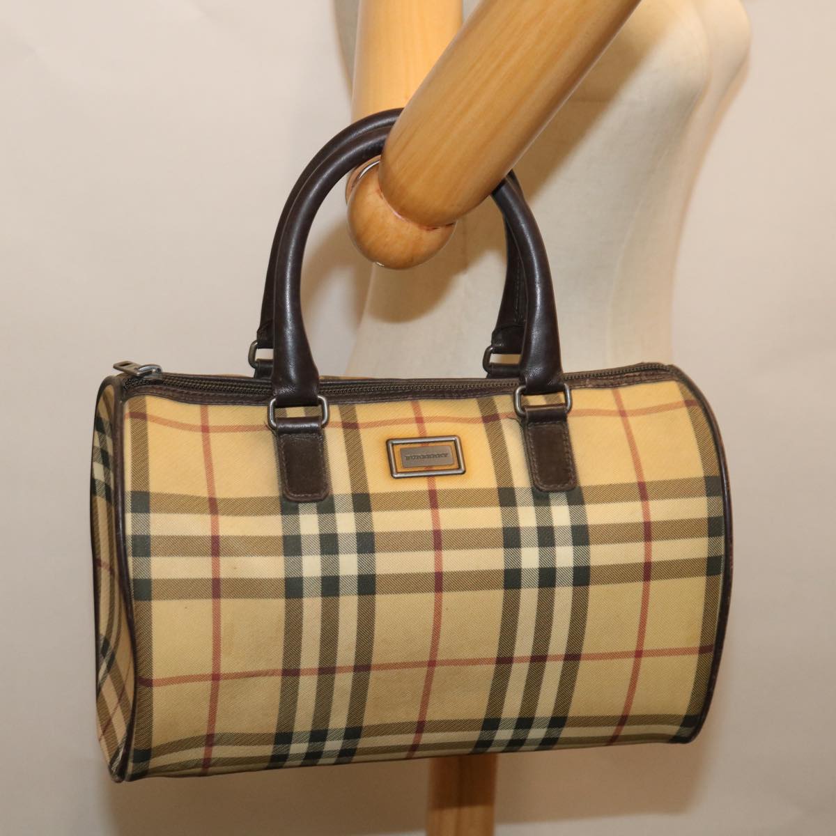 BURBERRY Nova Check Hand Bag Coated Canvas Beige Auth ac2831