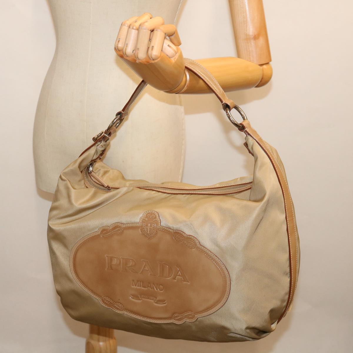 PRADA Shoulder Bag Nylon Beige Auth ac2885