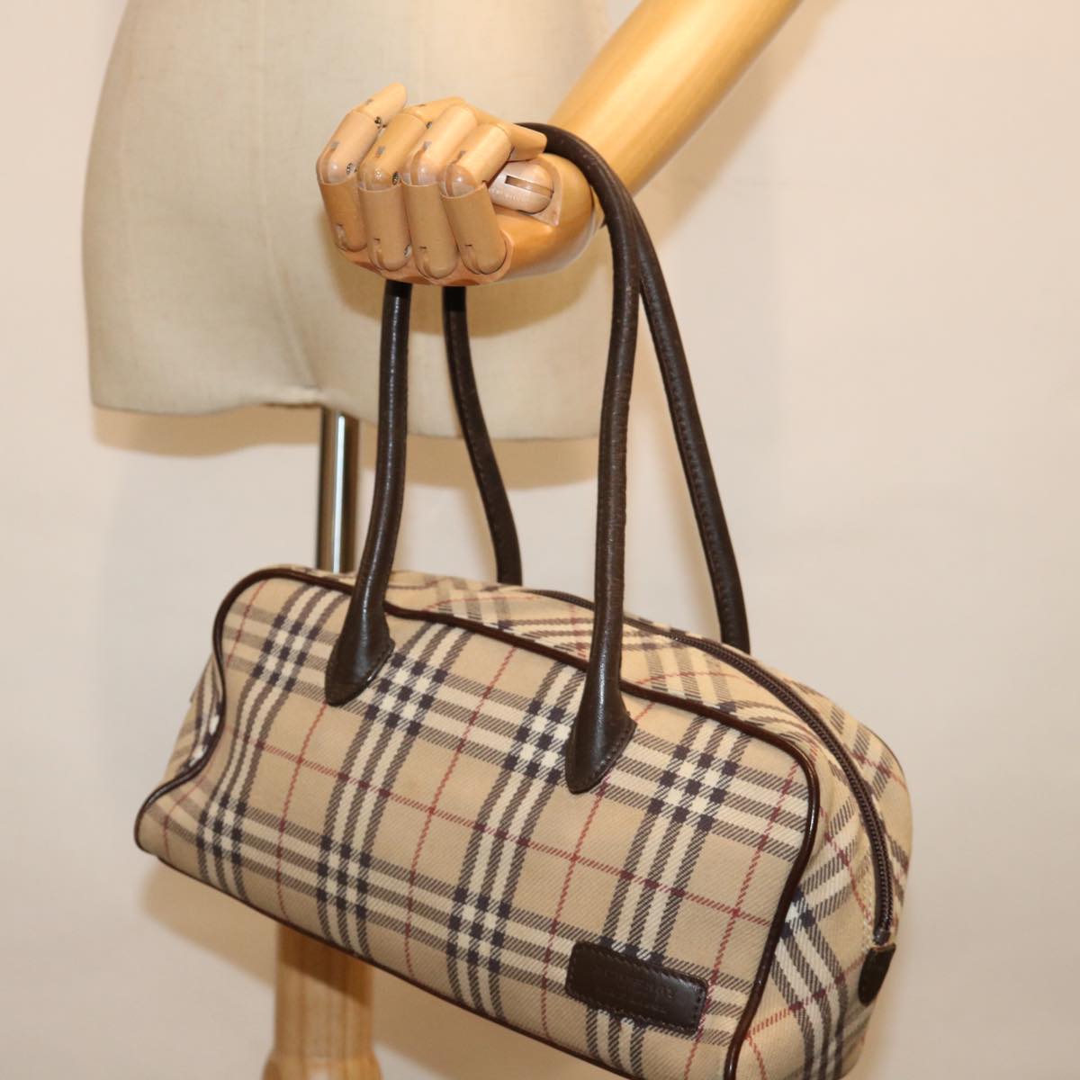 BURBERRY Nova Check Blue Label Hand Bag Canvas Beige Auth ac2897