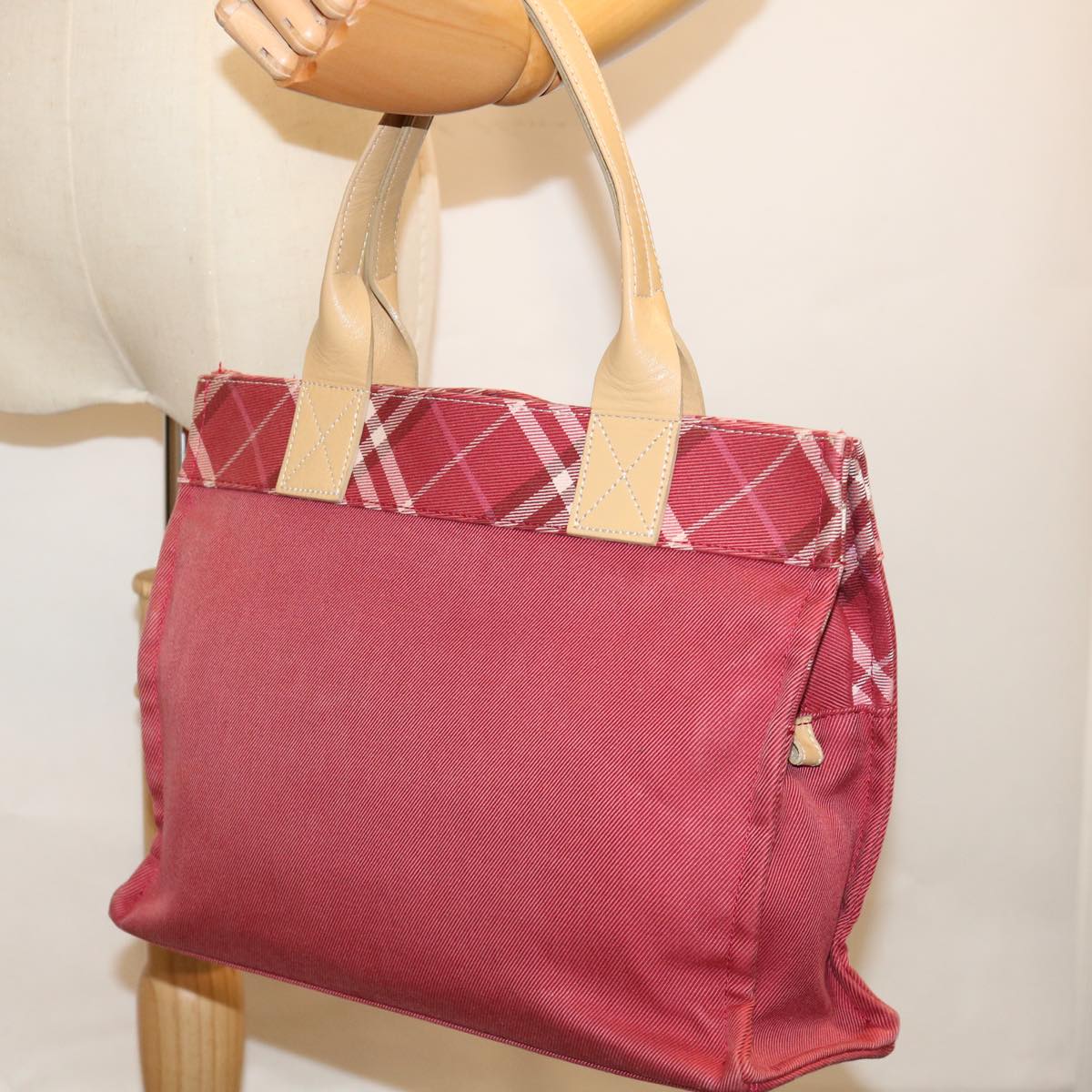 BURBERRY Nova Check Blue Label Tote Bag Canvas Red Beige Auth ac2899