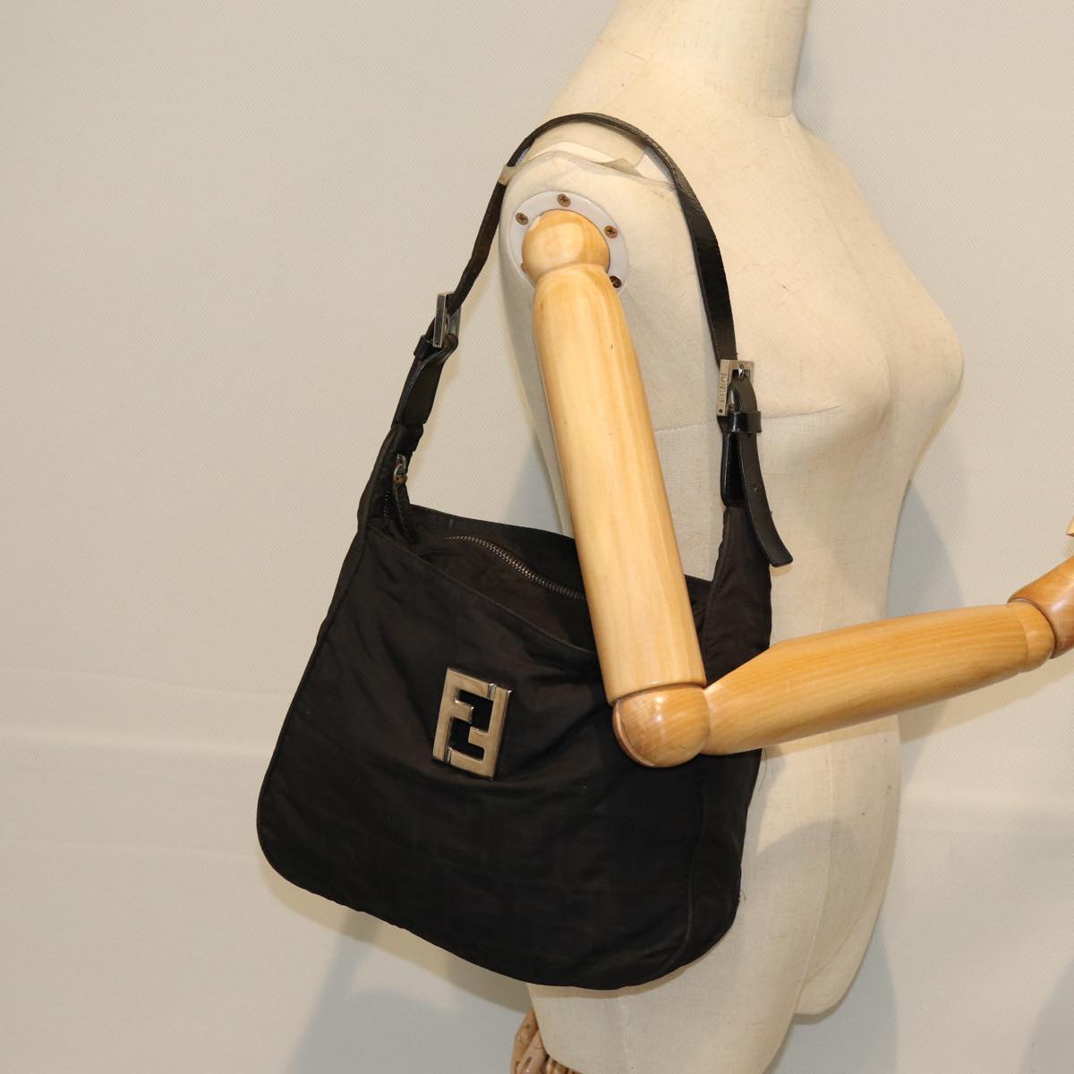 FENDI Zucca Canvas Shoulder Bag Nylon Black Auth ac2989