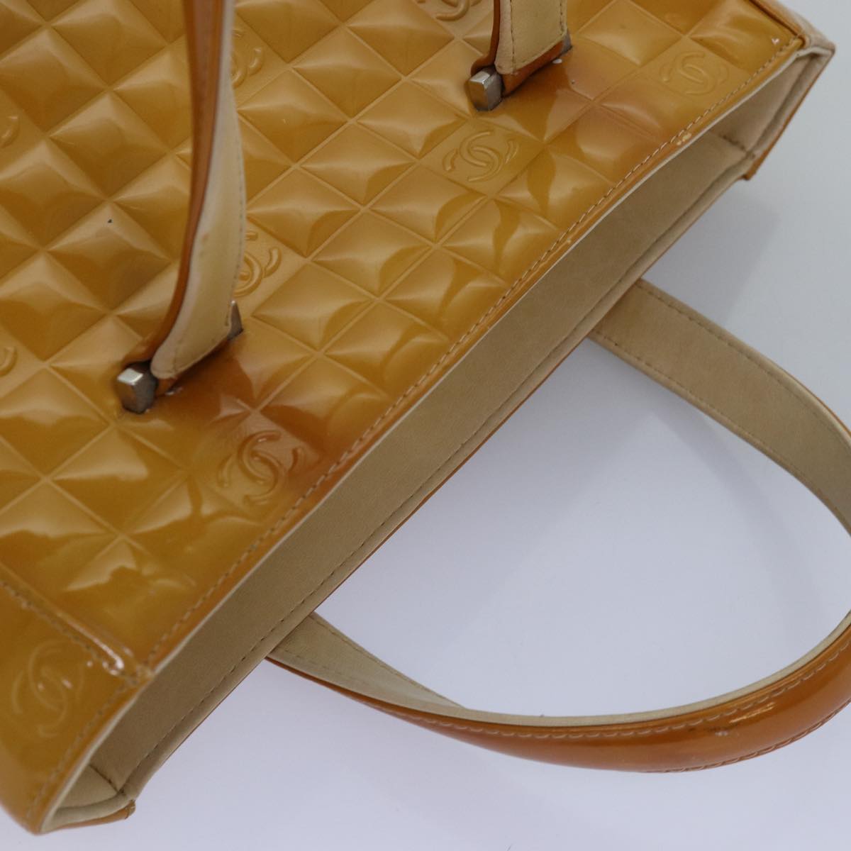 CHANEL Choco Bar Hand Bag Enamel Yellow CC Auth ac2997