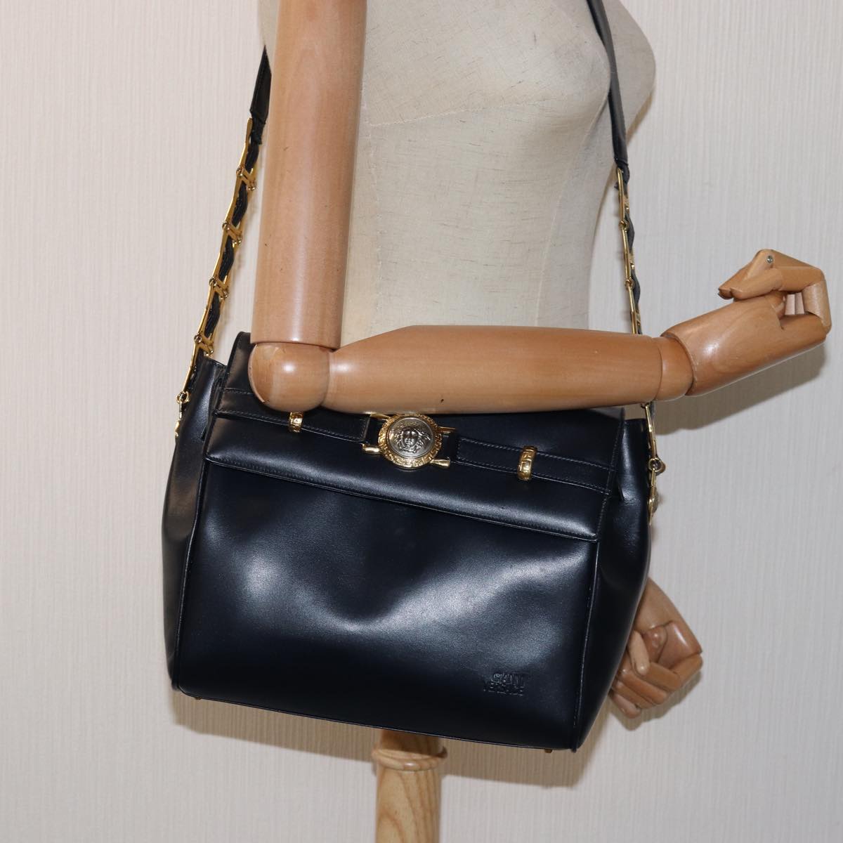 Gianni Versace Shoulder Bag Leather Navy Auth ac3002