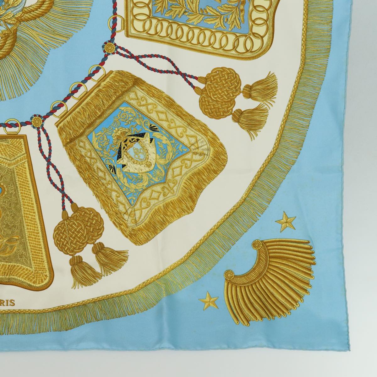 HERMES Carre 90 Scarf ""POSTE ET CAVALERIE"" Silk Blue Auth ac3030