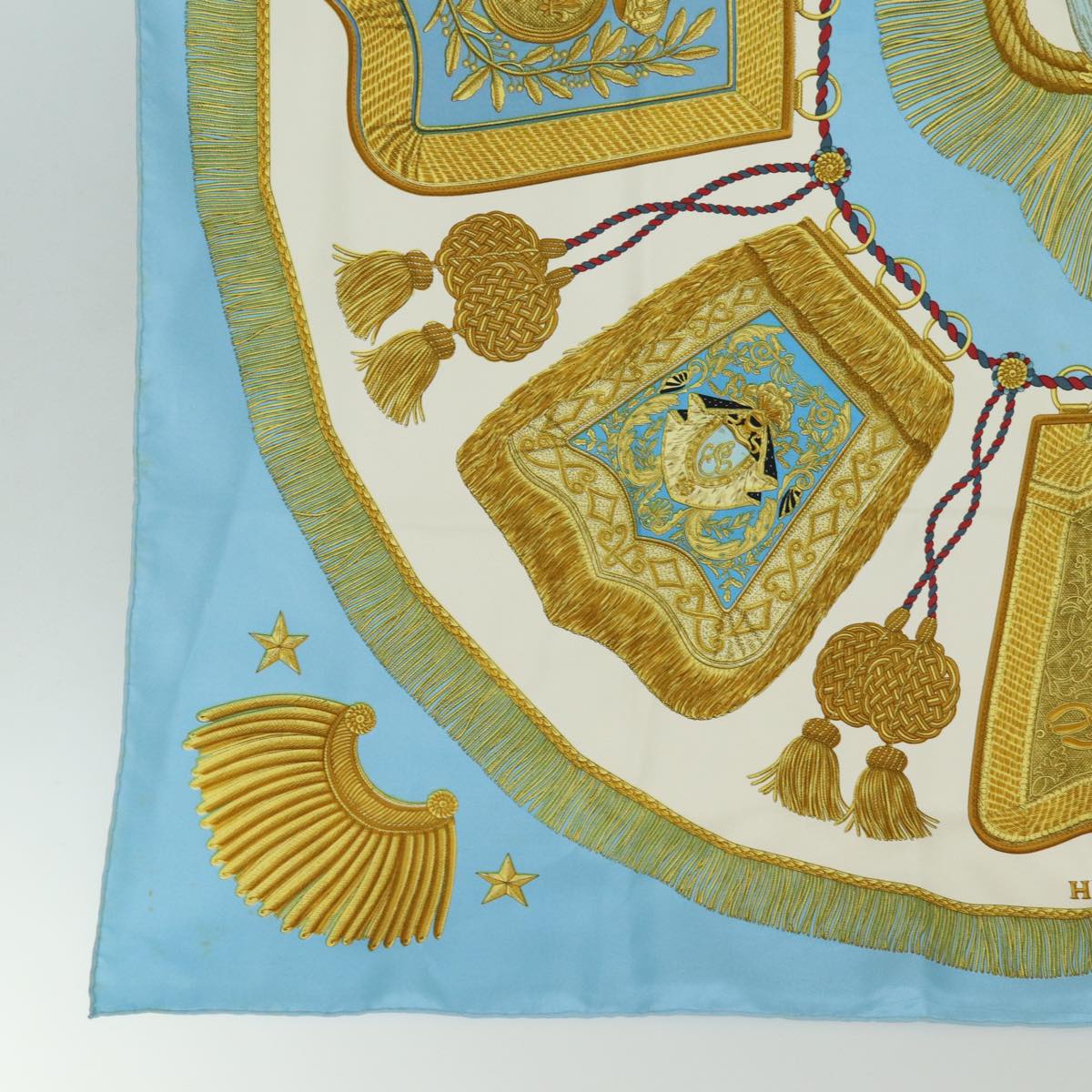 HERMES Carre 90 Scarf ""POSTE ET CAVALERIE"" Silk Blue Auth ac3030