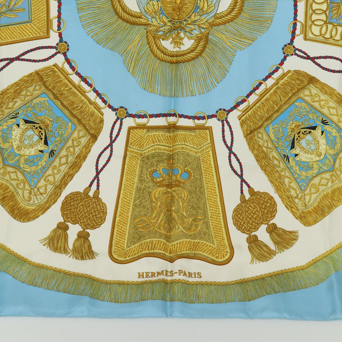 HERMES Carre 90 Scarf ""POSTE ET CAVALERIE"" Silk Blue Auth ac3030