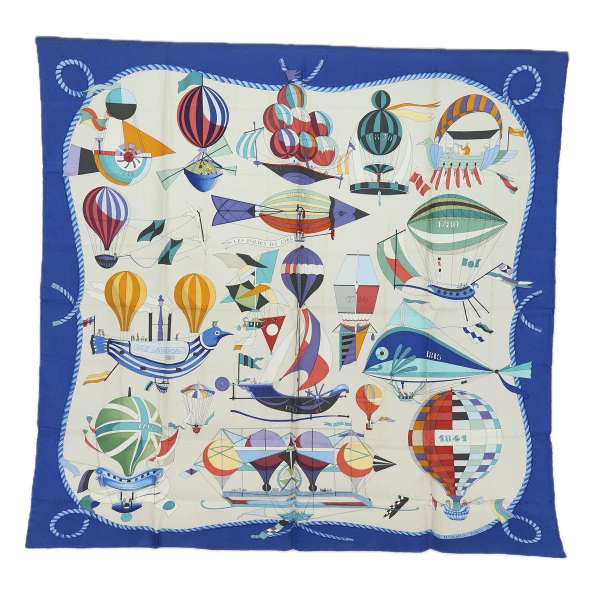 HERMES Carre 90 Scarf ""LES FOLIES DU CIEL"" Silk Blue Auth ac3031