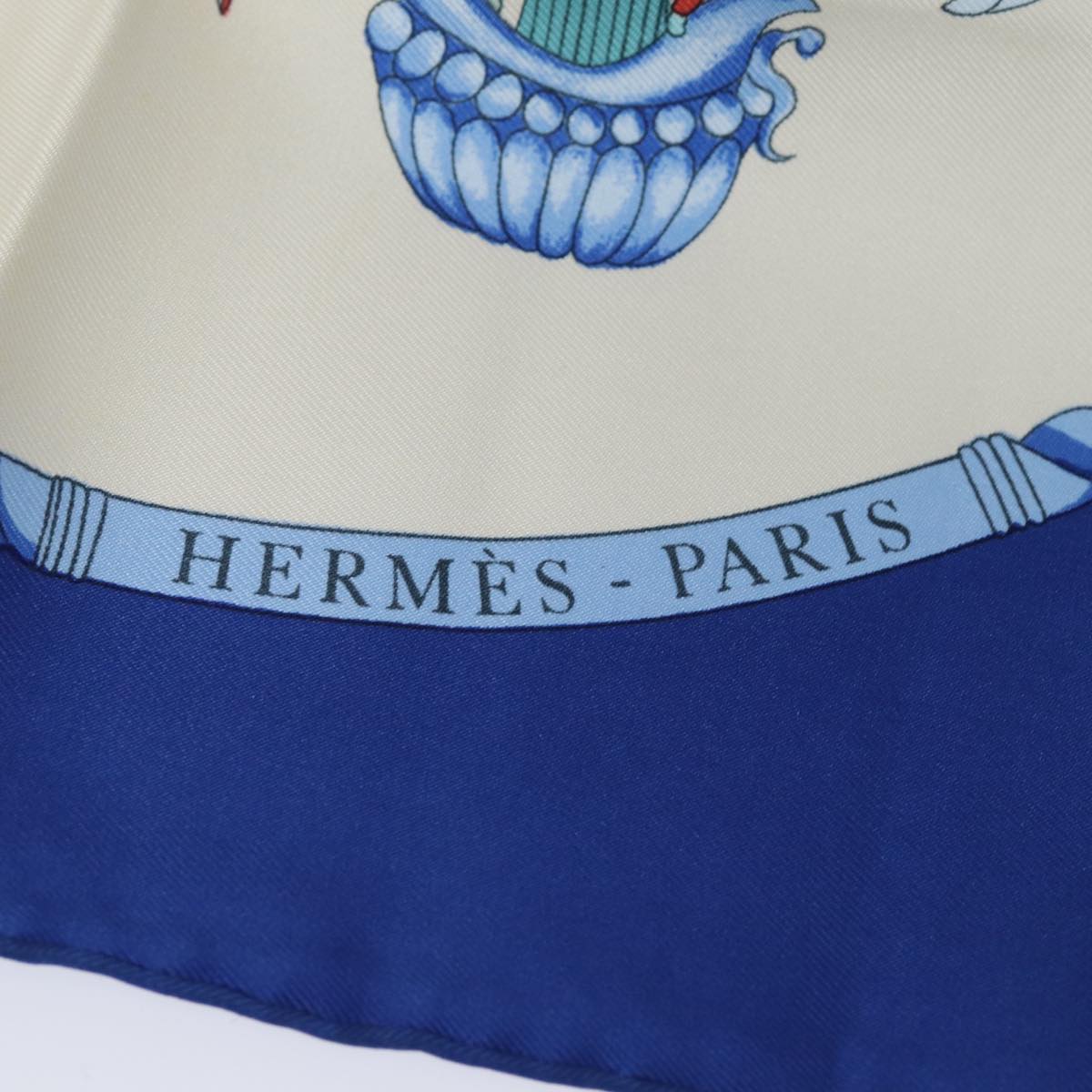 HERMES Carre 90 Scarf ""LES FOLIES DU CIEL"" Silk Blue Auth ac3031