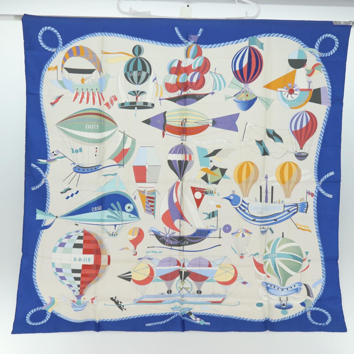 HERMES Carre 90 Scarf ""LES FOLIES DU CIEL"" Silk Blue Auth ac3031