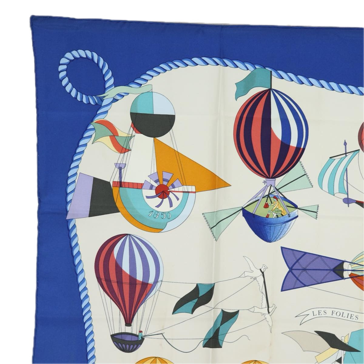 HERMES Carre 90 Scarf ""LES FOLIES DU CIEL"" Silk Blue Auth ac3031 - 0