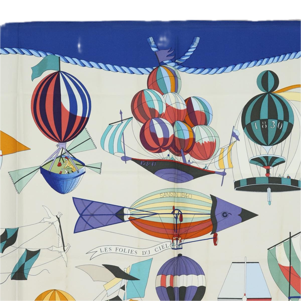 HERMES Carre 90 Scarf ""LES FOLIES DU CIEL"" Silk Blue Auth ac3031