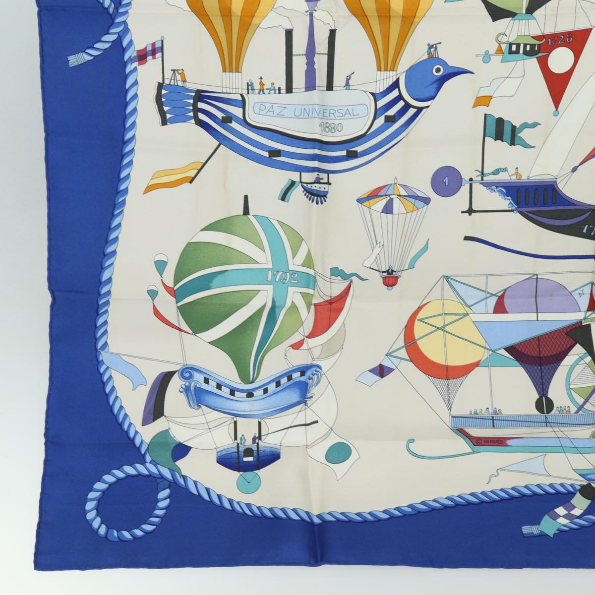 HERMES Carre 90 Scarf ""LES FOLIES DU CIEL"" Silk Blue Auth ac3031