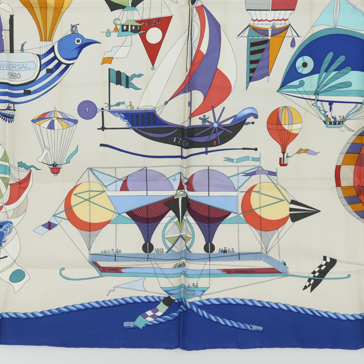 HERMES Carre 90 Scarf ""LES FOLIES DU CIEL"" Silk Blue Auth ac3031