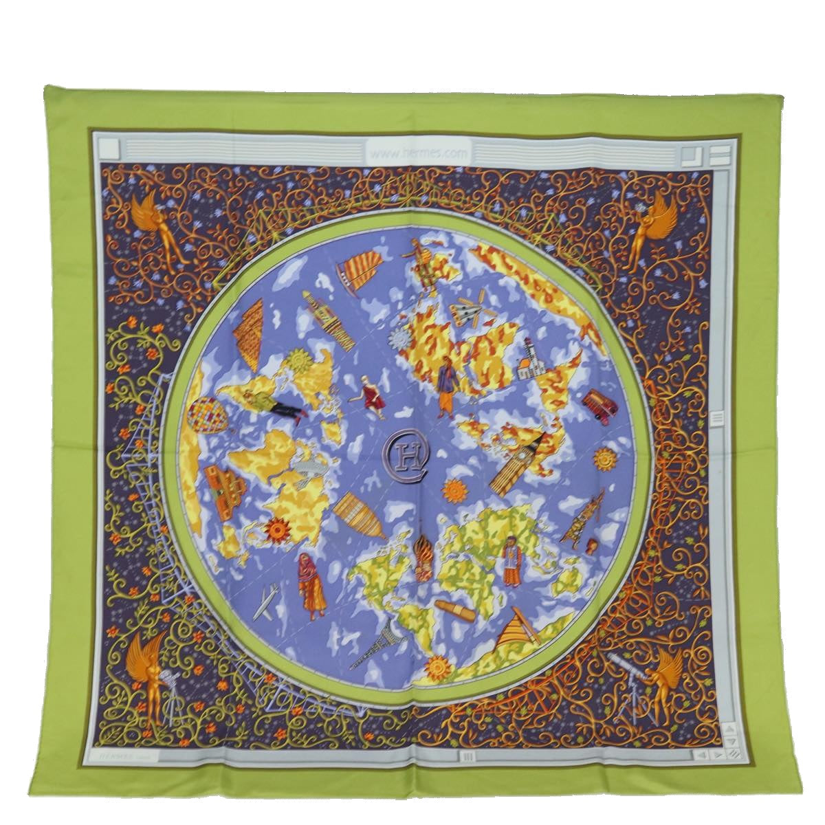 HERMES Carre 90 Scarf ""www.hermes.com"" Silk Green Auth ac3032