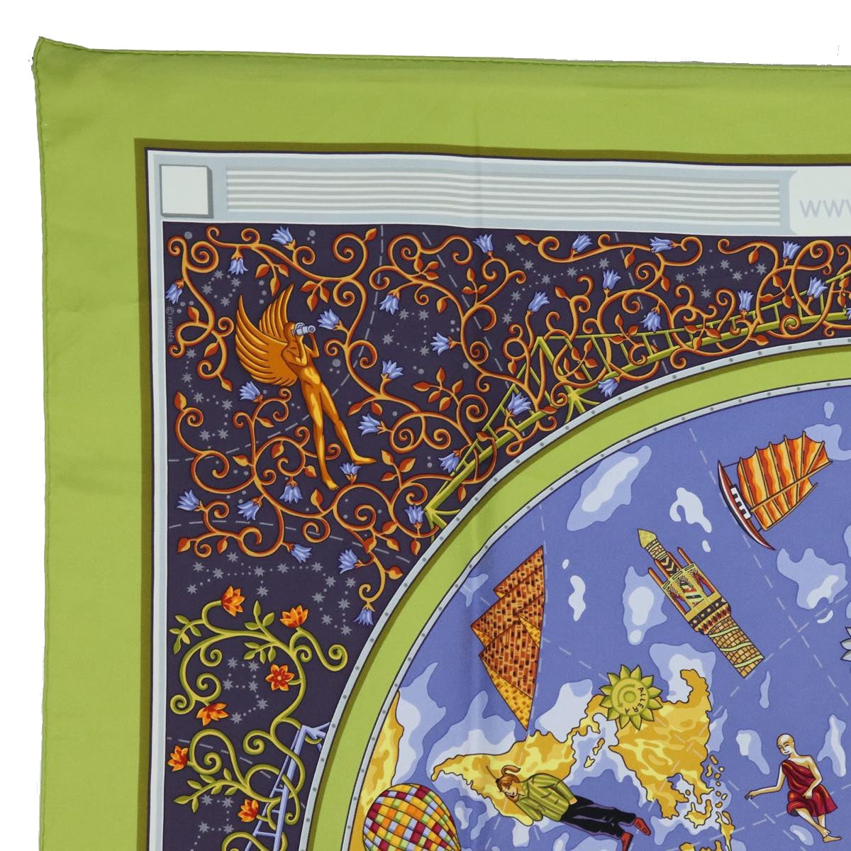 HERMES Carre 90 Scarf ""www.hermes.com"" Silk Green Auth ac3032 - 0