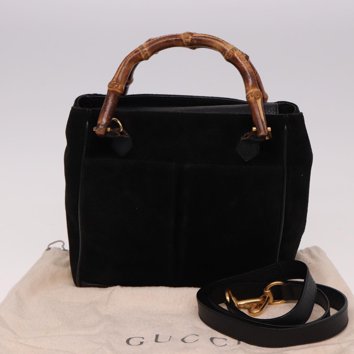 GUCCI Bamboo Hand Bag Suede 2way Black 000 122 0316 Auth ac3043