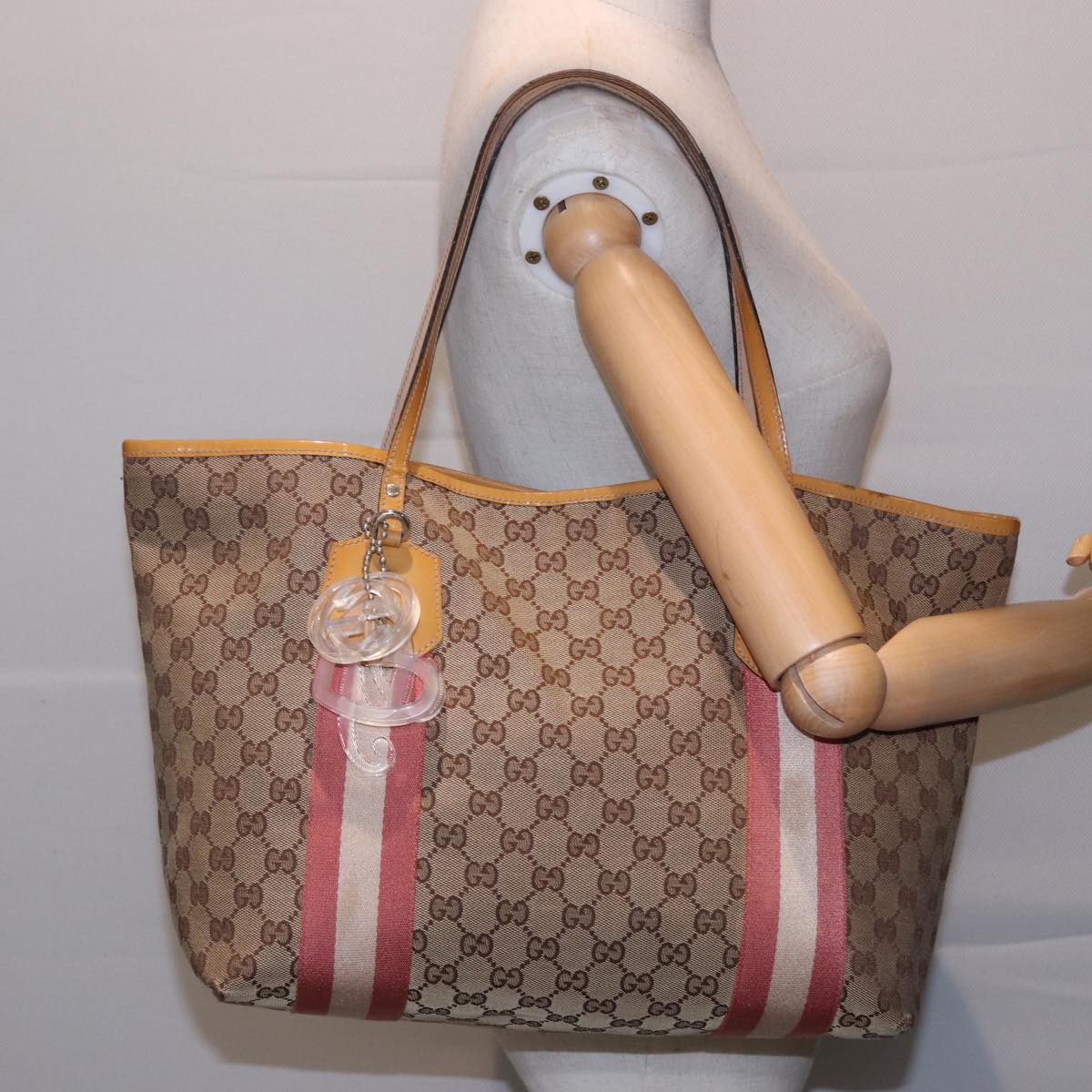 GUCCI GG Canvas Sherry Line Tote Bag Beige Pink 211970 Auth ac3061