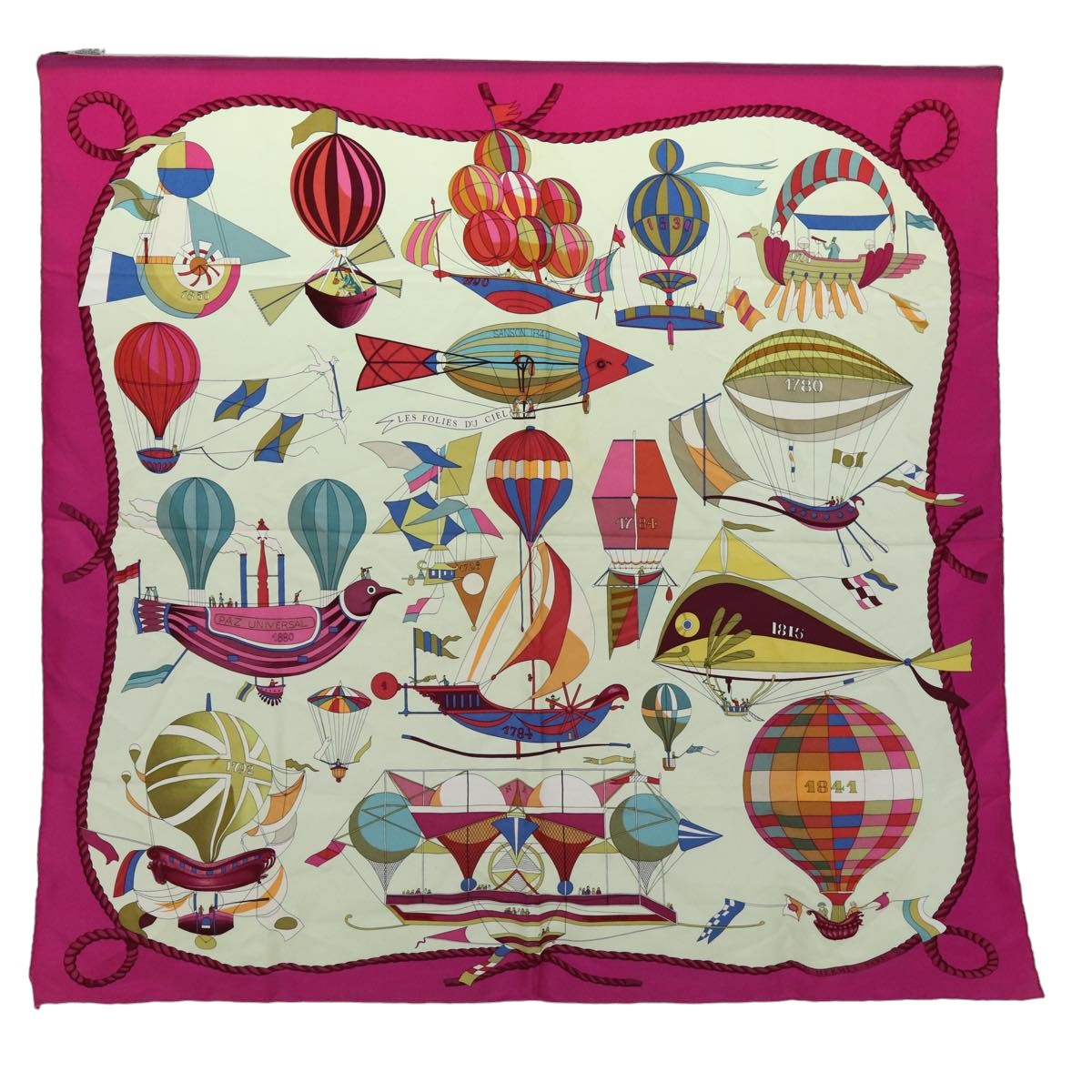 HERMES Carre 90 Scarf ""LES FOLIES DU CIEL"" Silk Pink Auth ac3065