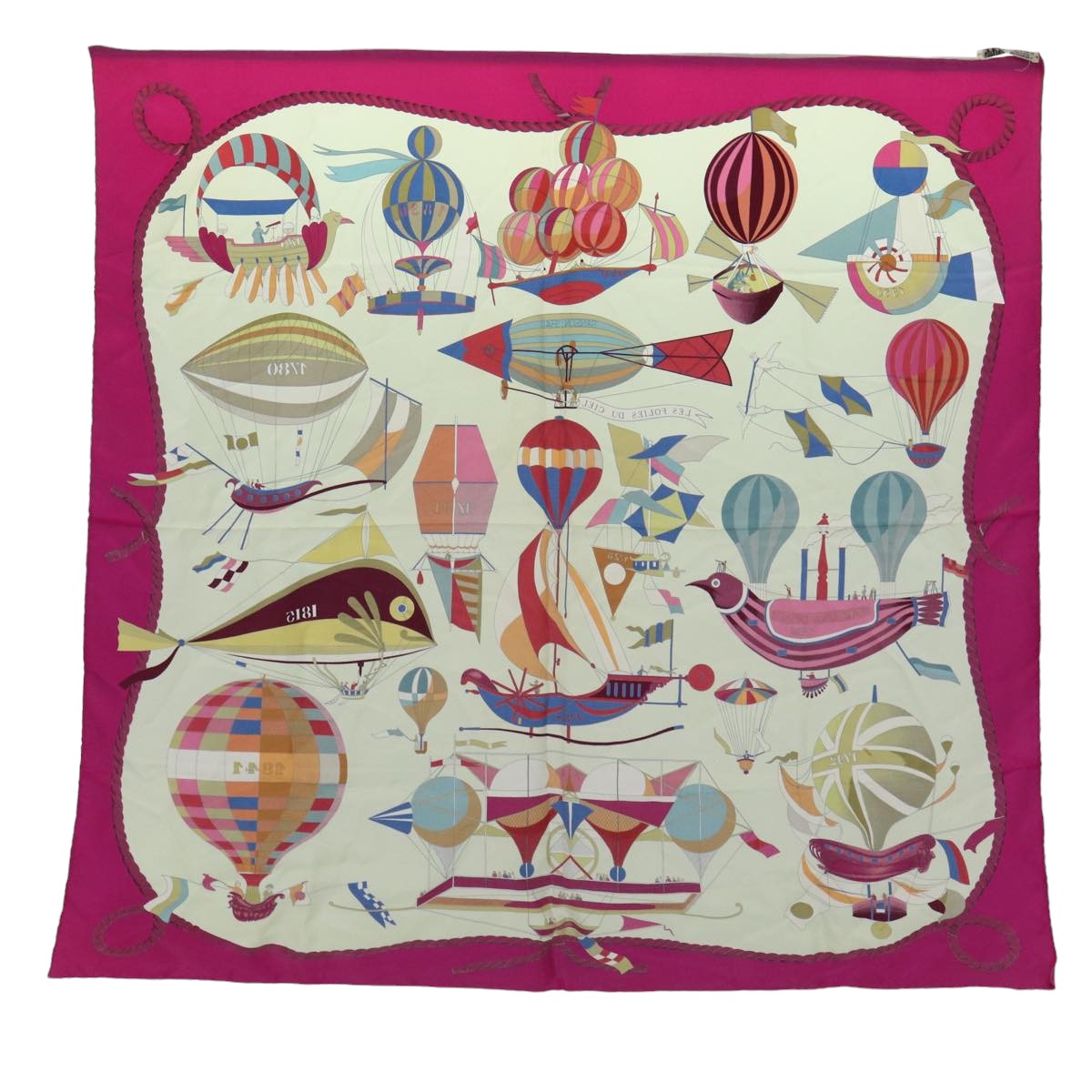 HERMES Carre 90 Scarf ""LES FOLIES DU CIEL"" Silk Pink Auth ac3065