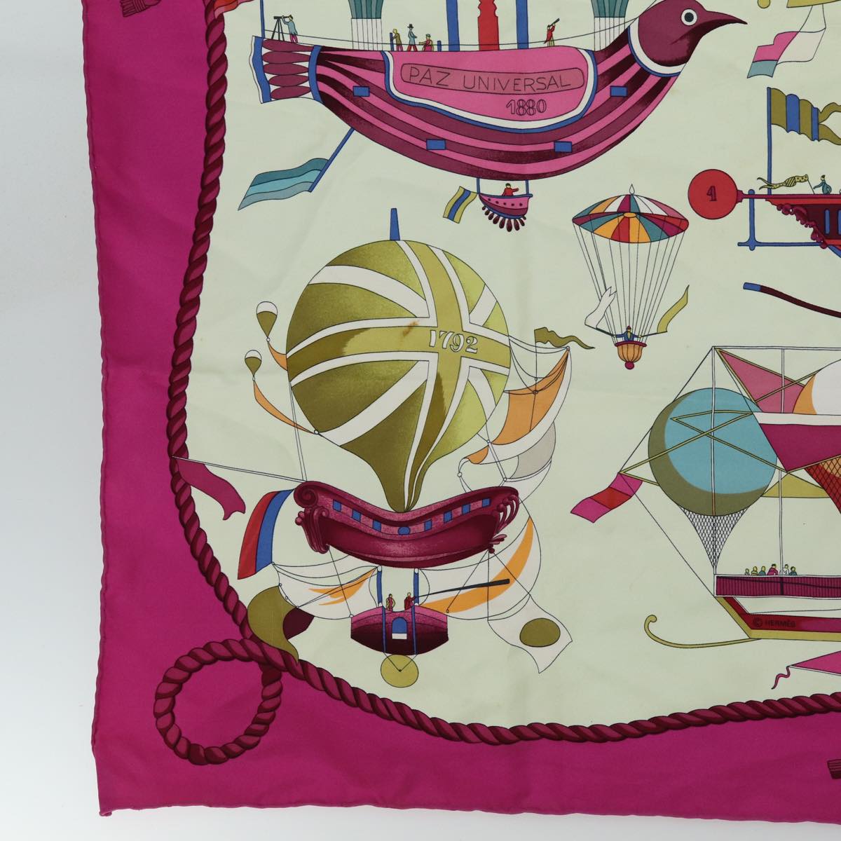 HERMES Carre 90 Scarf ""LES FOLIES DU CIEL"" Silk Pink Auth ac3065