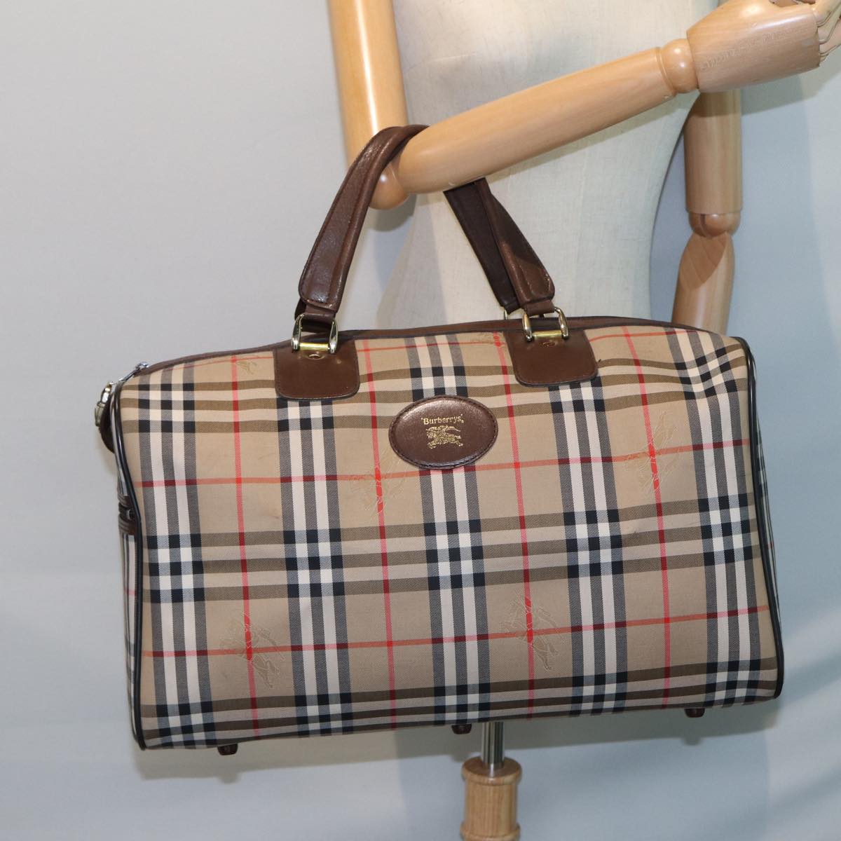 Burberrys Nova Check Boston Bag Canvas Beige Auth ac3072