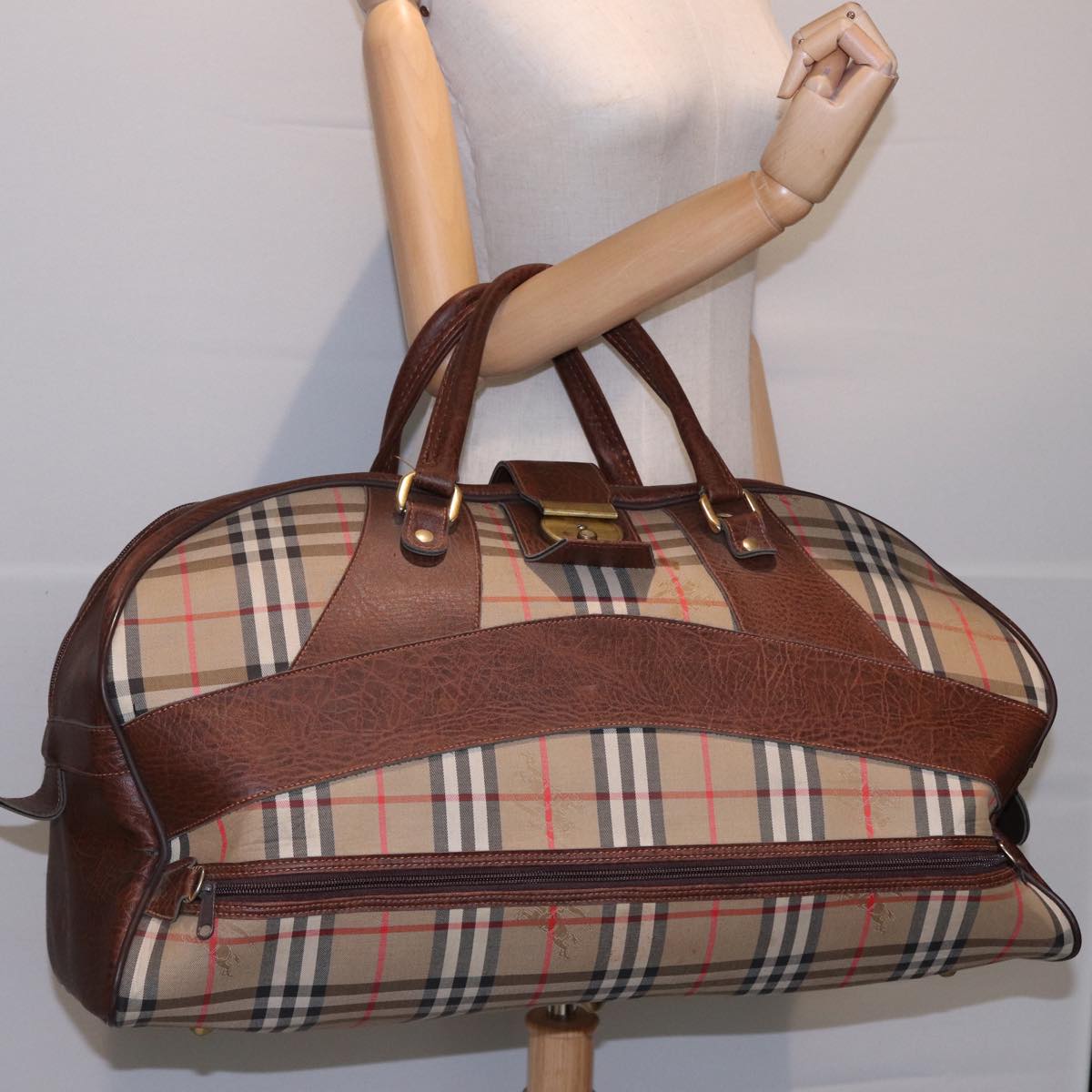 Burberrys Nova Check Boston Bag Canvas Leather Beige Brown Auth ac3073