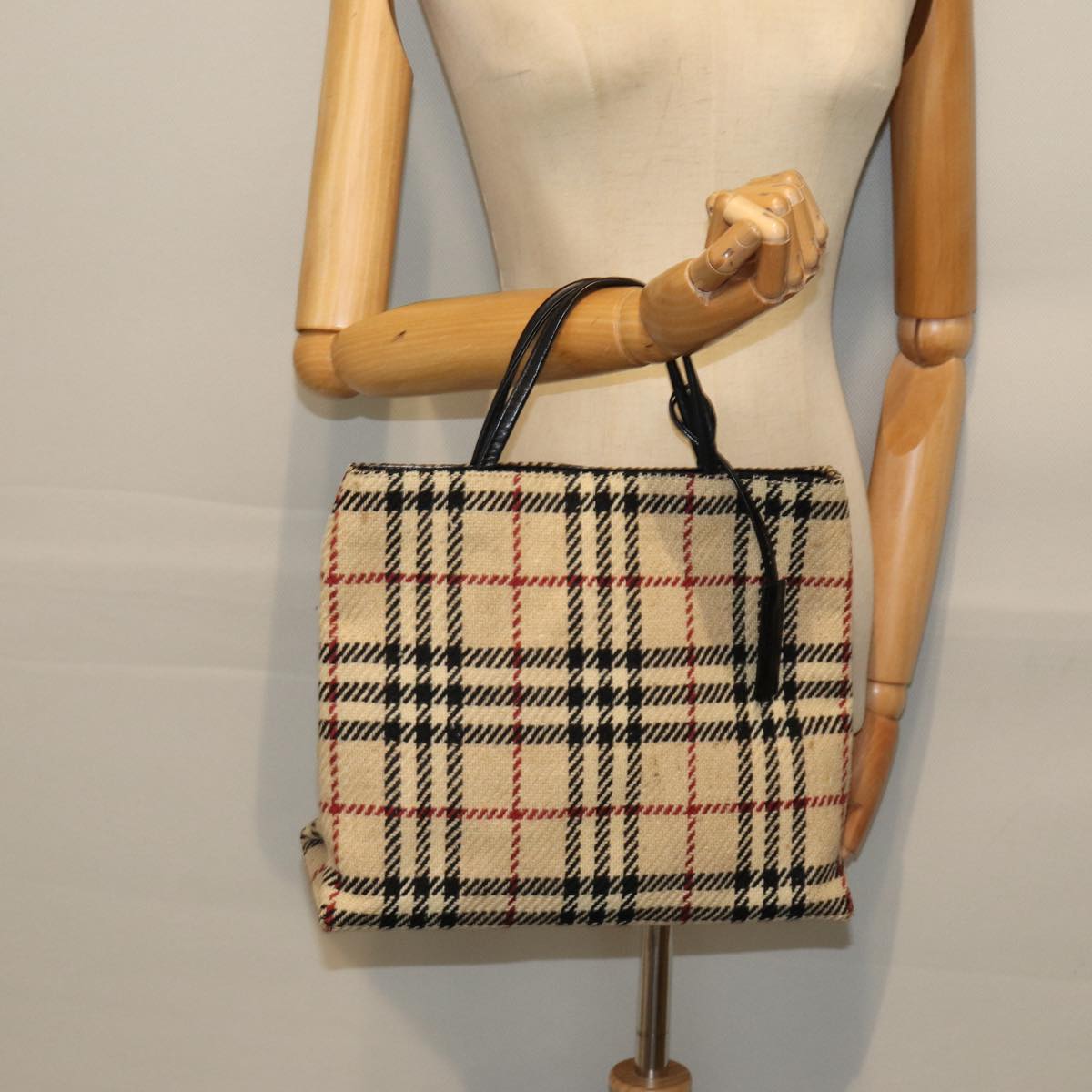 BURBERRY Nova Check Hand Bag Wool Beige Auth ac3129